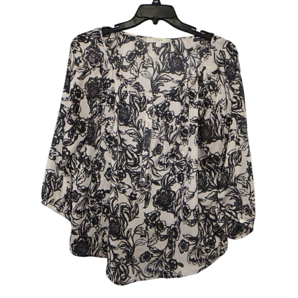 LOFT Brown Black Large All over print Floral Abstract Blouse Womens Size L